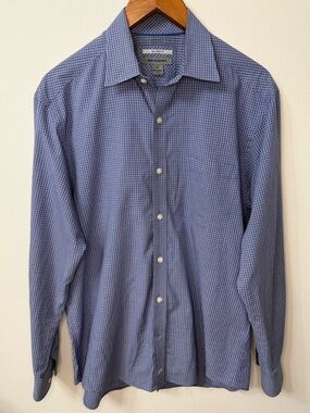 Johnston & Murphy Blue Check Dress Shirt Medium Tailored Fit Button Up
